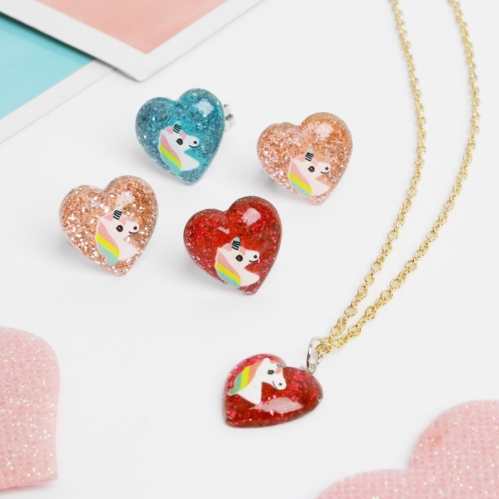 Набор детский &laquo;Выбражулька&raquo; 5 предметов: кулон, 4 кольца, единороги в сердечках, цвет МИКС