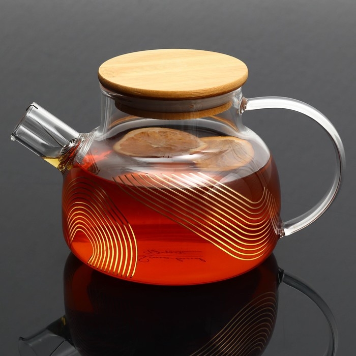 Чайник стеклянный заварочный с бамбуковой крышкой &laquo;Геометрия&raquo;, 800 мл