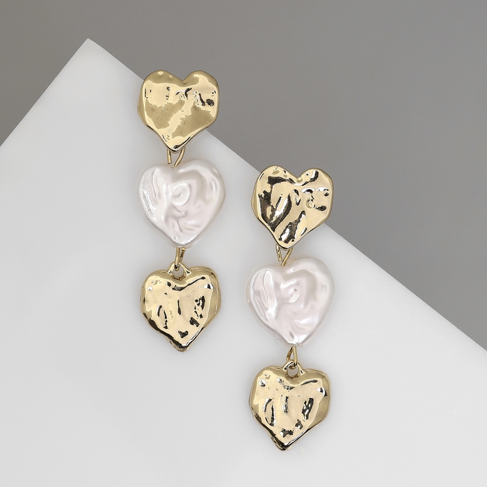 Серьги с жемчугом &laquo;Сердца&raquo; трио, цвет золото