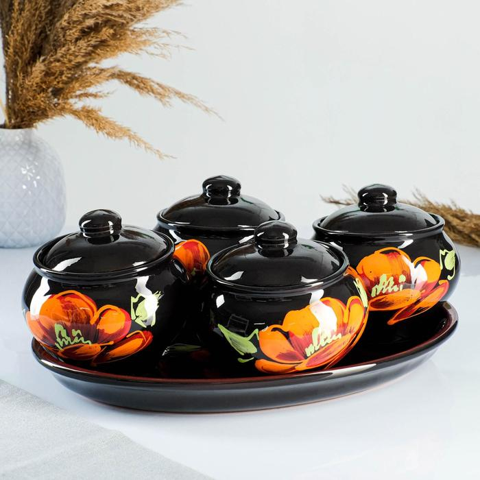 Набор горшков "Подарочный" 4х0,5л / 34,5х24,5см, мак на черном