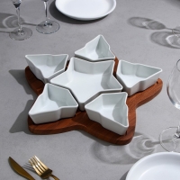 Менажница &laquo;Звезды&raquo;, 5 шт: 200 мл, 1 шт: 500 мл, деревянное основание, фарфор, Иран