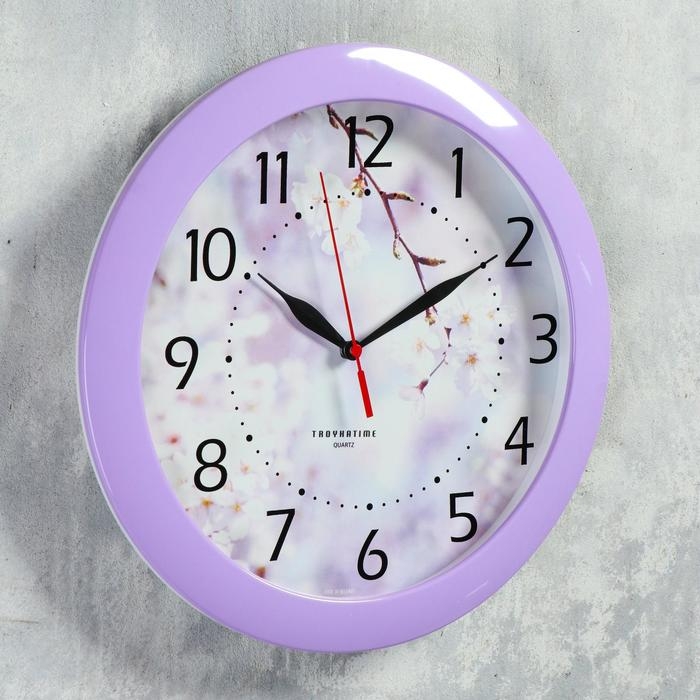 Часы настенные, серия: Цветы, Часы настенные, серия: Цветы, "Цветущее дерево", плавный ход, d-29 см, сиреневый обод