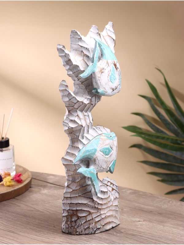 Скульптура "Экзотические рыбы" дерево Албезия, 15х8х40 см, цв. бирюзовый