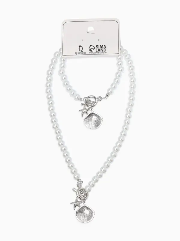 Набор 2 пред-та: бусы.браслет "Жемчуг", ракушка вонголе, цвет белый в серебре L=18/42см №8   1093654