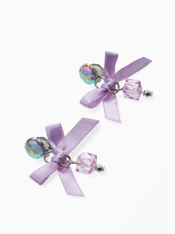 Серьги-клипсы детские "Выбражулька" сердце с бантом и кругом кристалл, цвет сиреневый