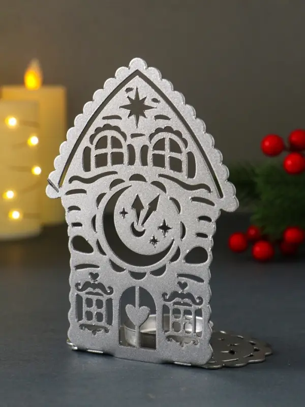 Подсвечник новогодний "Домик с часами" серебряный 6,7х10х13,5 см