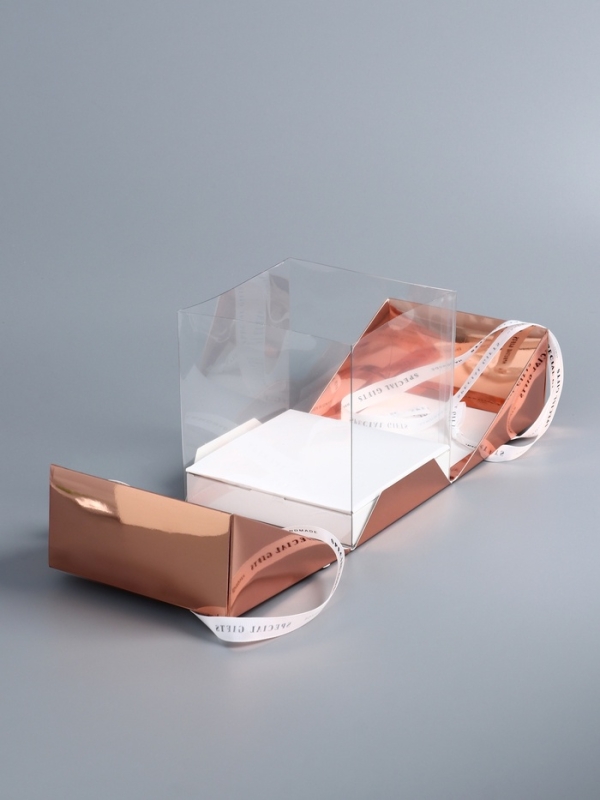 Коробка под бенто-торт с ленточками, ,розовое-золото  , 15,5 х 15,5 х 16 см