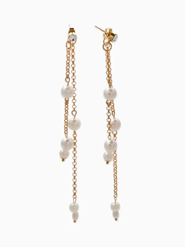 Серьги жемчуг "Цепочки" двойные, цвет белый в золоте