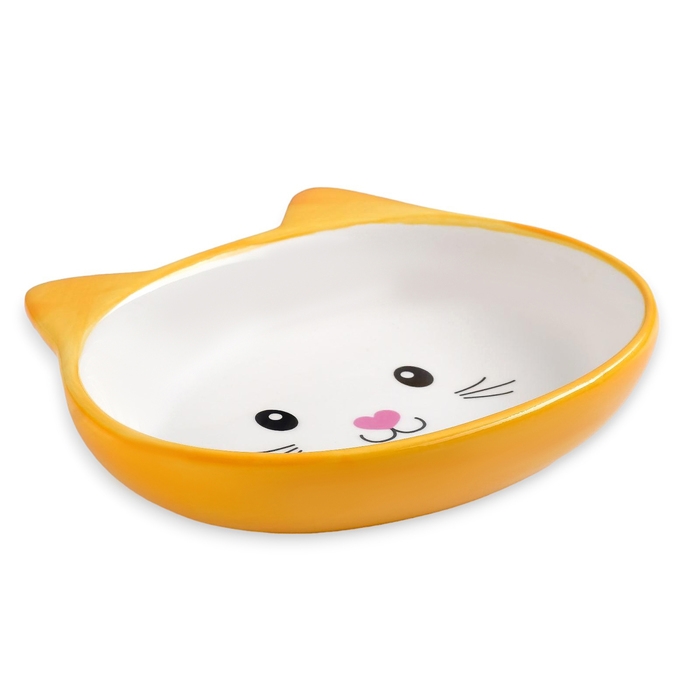 Миска керамическая овальная "Кошачья мордочка" 200 мл  14 х 12 х 3,5 см, жёлтая/белая