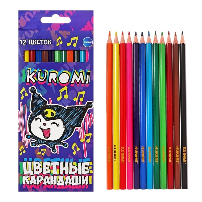 Карандаши цветные 12 цветов Kuromi, корпус пластиковый, шестигранный