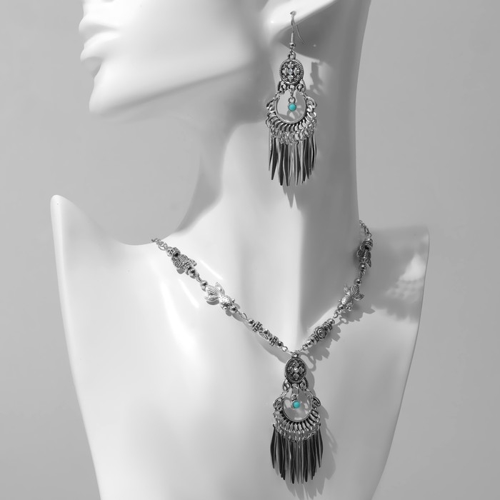 Набор 2 предмета: серьги, колье &laquo;Индия&raquo; флора и фауна, цвет голубой в чернёном серебре, 32 см