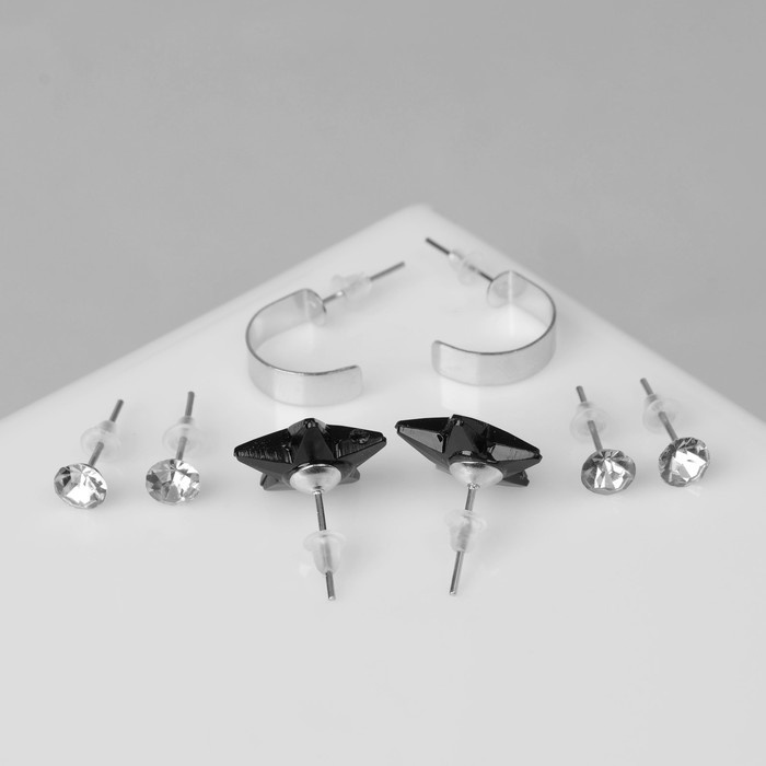 Пусеты 4 пары &laquo;Романтика&raquo; звёзды, цвет бело-чёрный в серебре