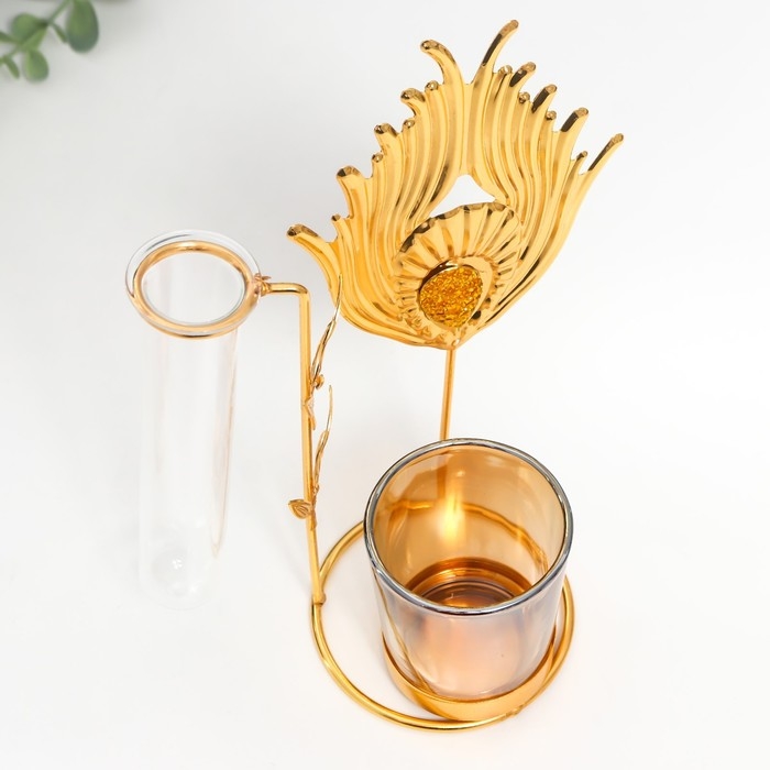 Подсвечник металл, стекло на 1 свечу с вазой "Золотое перо павлина" d-5 см, 7,5х12х17,5 см