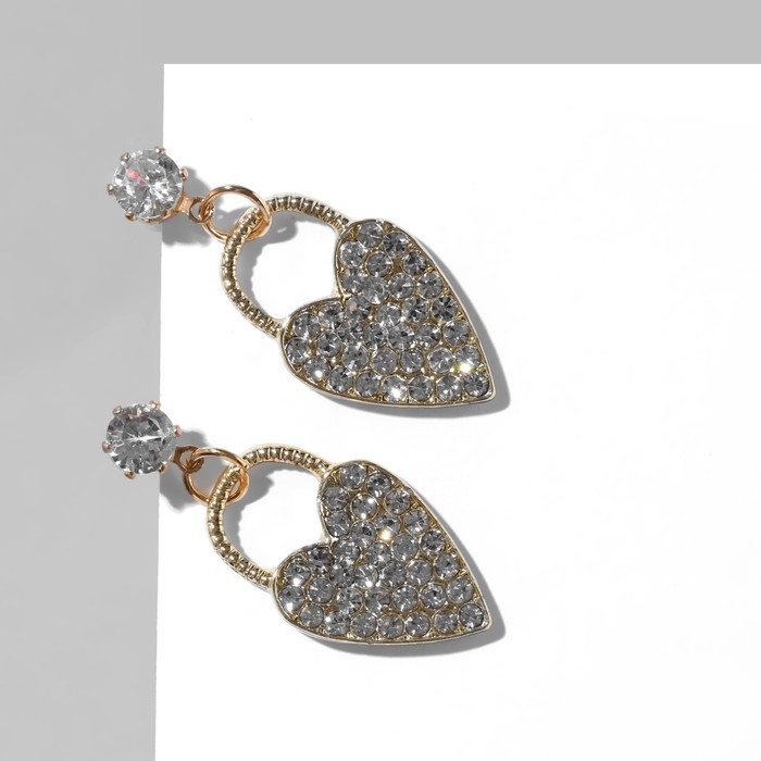 Серьги со стразами «Сердца» замки, цвет белый в золоте Серьги со стразами «Сердца» замки, цвет белый в золоте