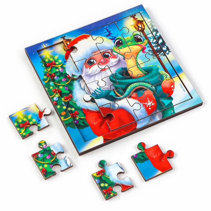 Пазлы для детей деревянные &laquo;Новый год! Дед Мороз и змея&raquo;, 16 элементов, символ года 2025