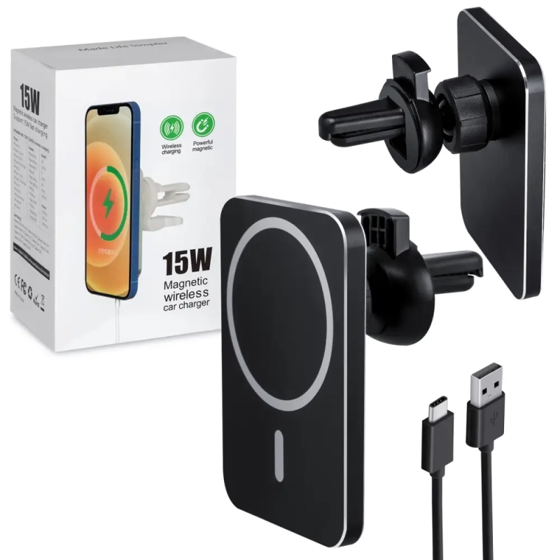 Беспроводная зарядка 15W + Автомобильный держатель магнитный черный