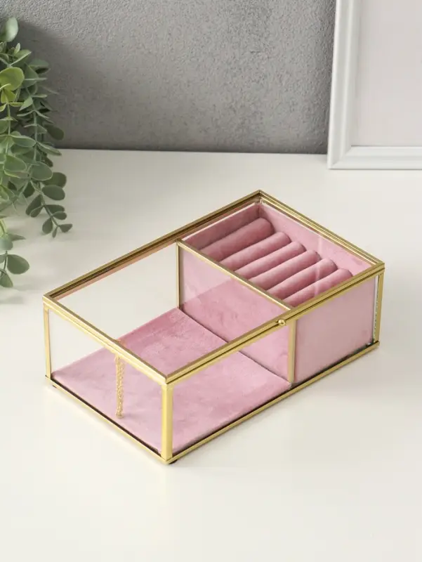 Шкатулка стекло с металлическим каркасом "Розовая" 2 отделения 22х14,5х7,5