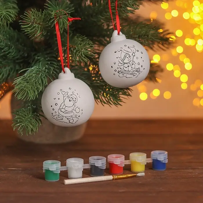 Набор ёлочных украшений под раскраску 4 шт. &laquo;Динозавры&raquo; с подвесом, краска 6 цв по 2 мл, кисть