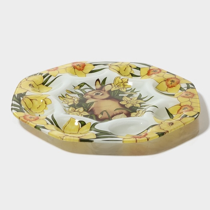 Подставка стеклянная для яиц Доляна &laquo;Кролик в цветах&raquo;, 8 ячеек, 22&times;22 см