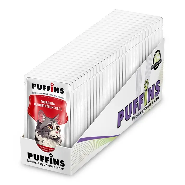 Влажный корм "Puffins" для кошек, говядина в желе, 75 г