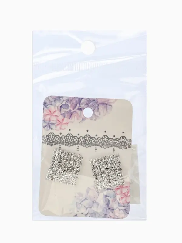 Серьги со стразами "Квадрат" 15*15мм, цвет белый в серебре