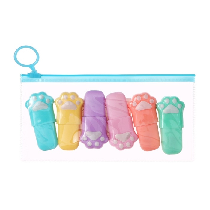 Набор маркеров текстовыделителей 6 штук 6 цветов, в пенале на молнии Лапки пастель Набор маркеров текстовыделителей 6 штук 6 цветов, в пенале на молнии Лапки пастель