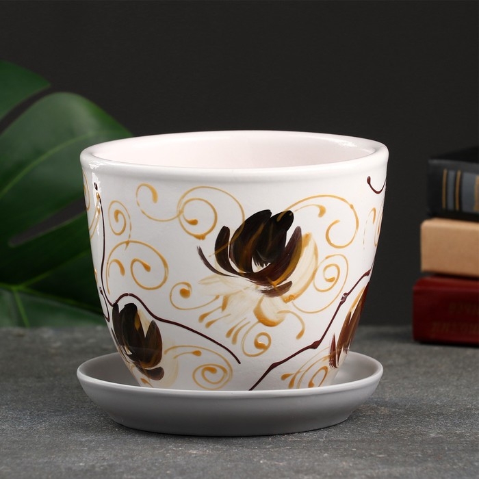 Горшок для цветов &laquo;Орхидея&raquo;, 1 л, d=15 см, h=13 см, керамический, с поддоном, белый