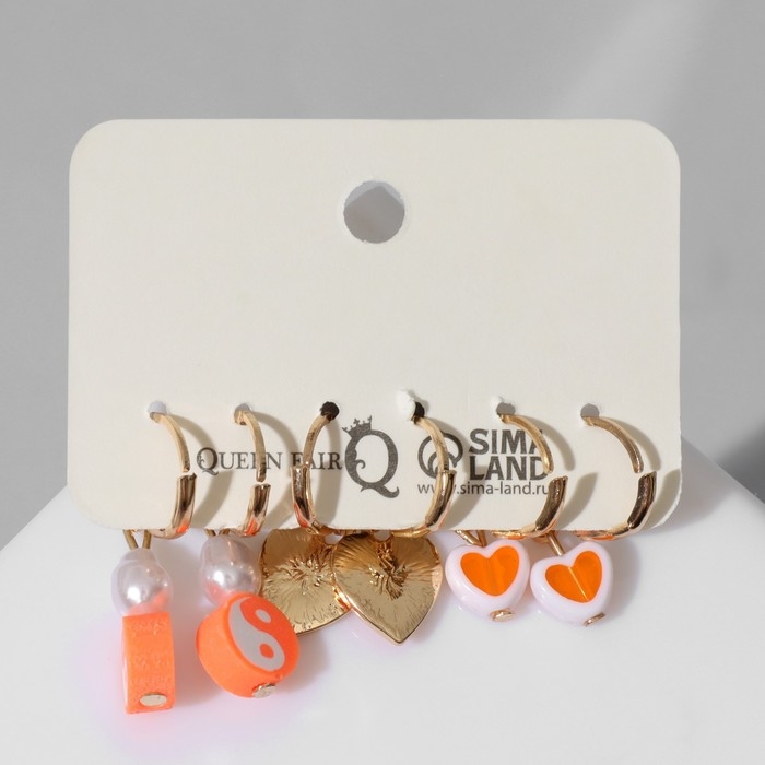 Набор серьги 3 пары &laquo;Тинейдж&raquo;, цвет бело-оранжевый в золоте