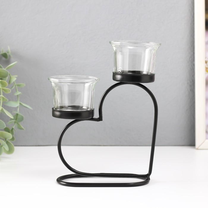 Подсвечник металл, стекло на 2 свечи "Сердце" d=2-5 см чёрный 12х6х17,5 см