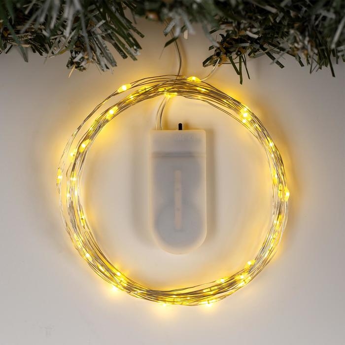 Гирлянда &laquo;Нить&raquo; 5 м роса, IP20, серебристая нить, 50 LED, батарейки CR2032х2 (в комплекте), свечение жёлтое