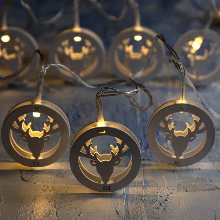 Гирлянда &laquo;Нить&raquo; 2 м с насадками &laquo;Олень&raquo;, IP20, прозрачная нить, 10 LED, батарейки AAх2 (нет в комплекте), свечение тёплое белое