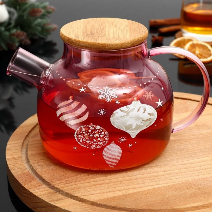 Новый год. Чайник заварочный стеклянный с бамбуковой крышкой &laquo;Розовая сказка&raquo;, 1000 мл