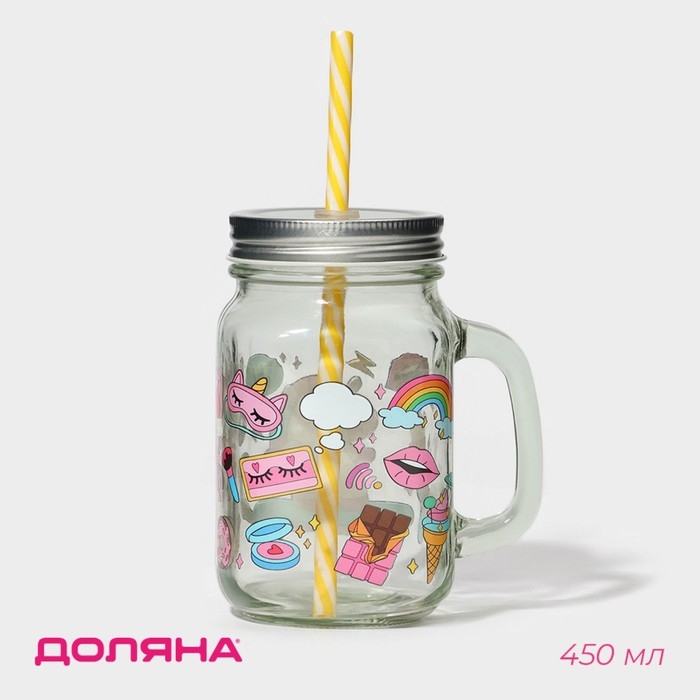Кружка стеклянная с крышкой и трубочкой Доляна &laquo;Единорог&raquo;, 450 мл, 10&times;7,5&times;13 см,