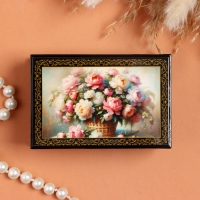 Шкатулка &laquo;Букет пионов в корзине&raquo;, черная, 6&times;9 см, лаковая миниатюра