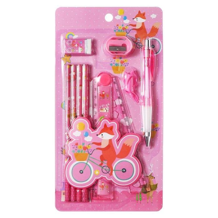 Набор канцелярский Calligrata 9 предметов, 4 чернографитных карандаша, точилка, ластик, линейка, ручка, насадка-тренажер, розовый
