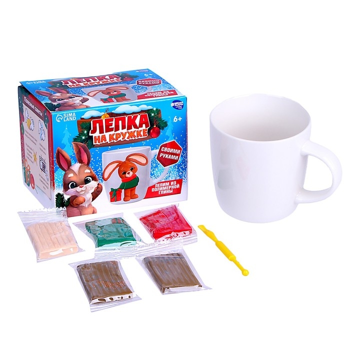 Декор кружки полимерной глиной на новый год &laquo;Зайка с подарком&raquo;, новогодний набор для творчества