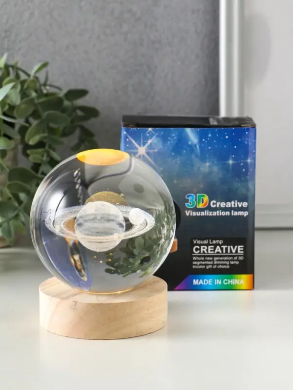 Сувенир стекло подсветка "Солнечная система" d=8 см подставка дерево, USB 8х8х9,5 см