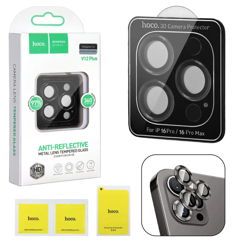 Защитное стекло на линзы камеры iPhone 16 Pro/16 Pro Max V12 plus 3D Hoco Black