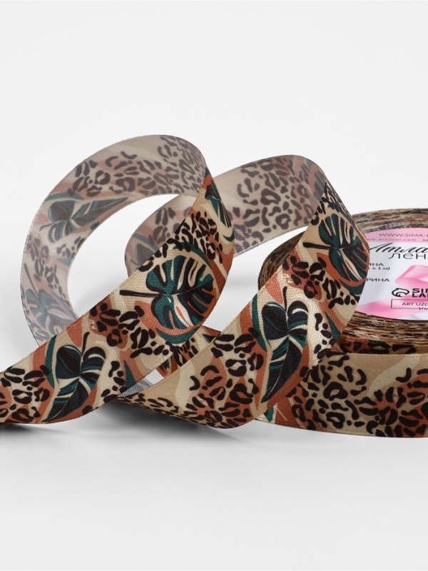 Лента атласная 25мм*25&plusmn;1ярд(23м&plusmn;1м) леопардовый папоротник АУ