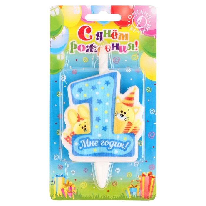 Свеча в торт Свеча в торт "Мне годик!" с котом и кроликом, 9,7 см, 12 мин, 40 г
