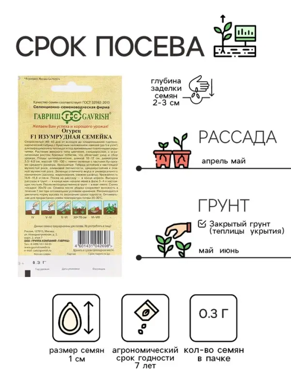 Семена Огурец "Изумрудная семейка" F1,корнишон, раннеспелый, партенокарпический, 0,3 г