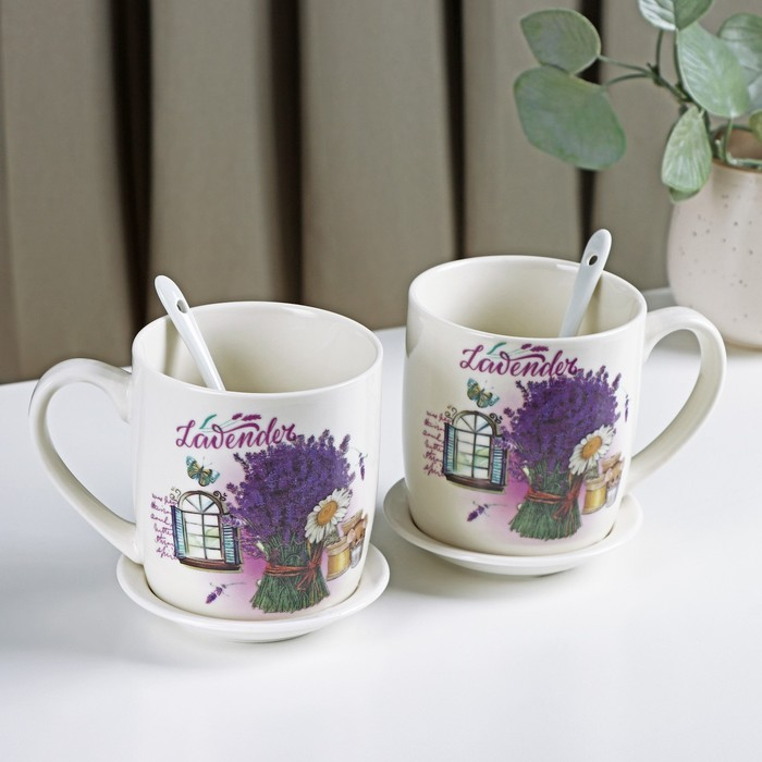 Набор кружек керамических с ложками и подставками &laquo;Букет лаванды&raquo;, 2 предмета: 330 мл, рисунок МИКС
