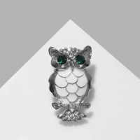 Брошь &laquo;Сова&raquo;, цвет зелёно-белый в серебре