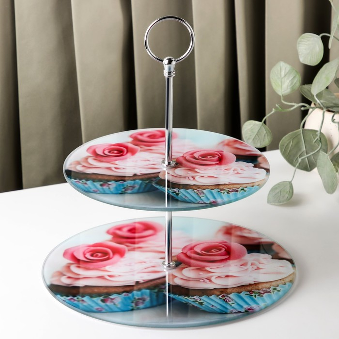 Этажёрка - фруктовница круглая Доляна &laquo;Маффин&raquo;, 2 яруса, d=25/20 см, стекло