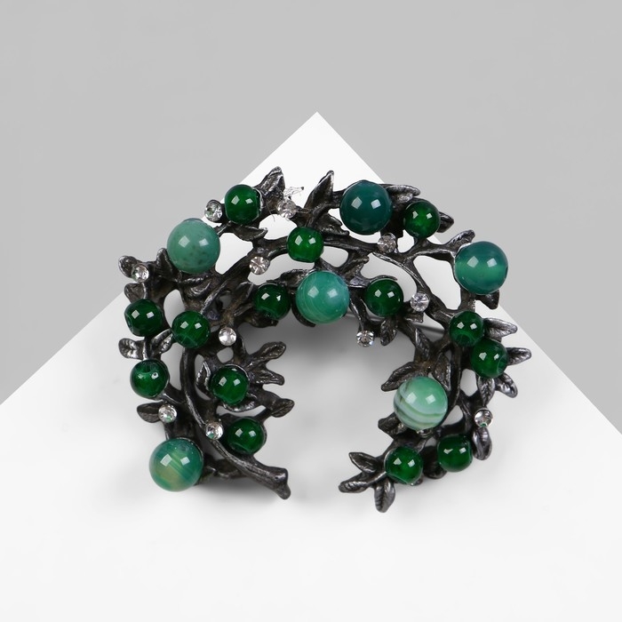 Брошь &laquo;Ветвь агата&raquo;, цвет зелёный в сером металле