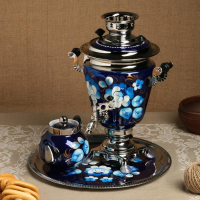 Набор «Жостово на синем», рюмка, 3 предмета, самовар 3 л, заварочный чайник 0,7 л, поднос Набор «Жостово на синем», рюмка, 3 предмета, самовар 3 л, заварочный чайник 0,7 л, поднос