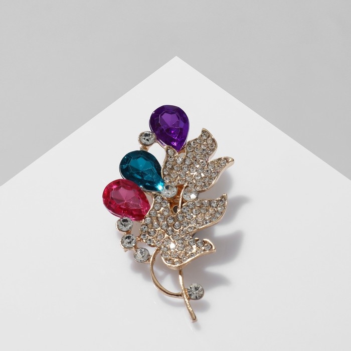 Брошь &laquo;Роса&raquo; на листьях, цветная в золоте