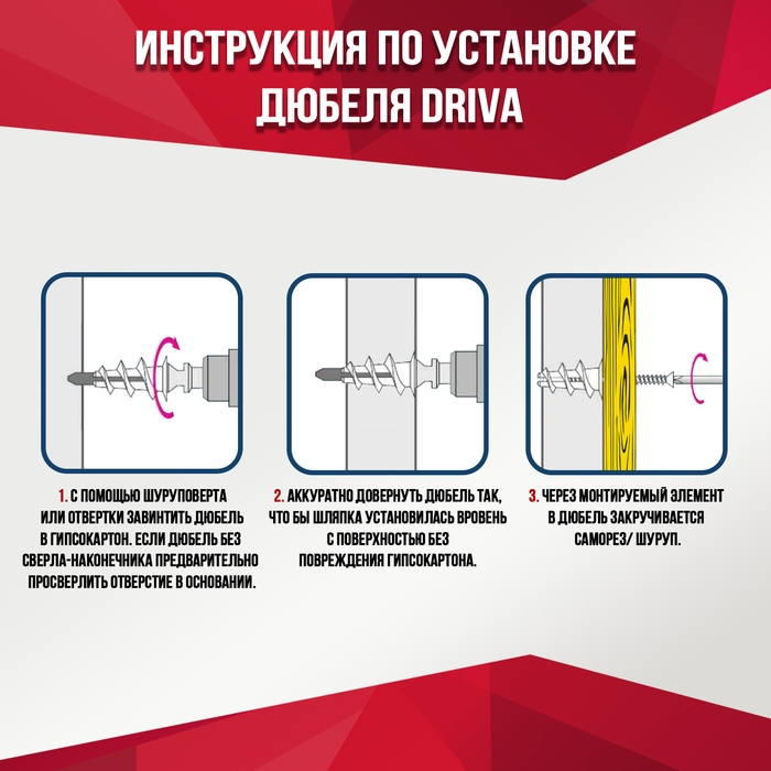Дюбель ТУНДРА, для гипсокартона, DRIVA, без сверла, нейлоновый, 14х23 мм, 500 шт