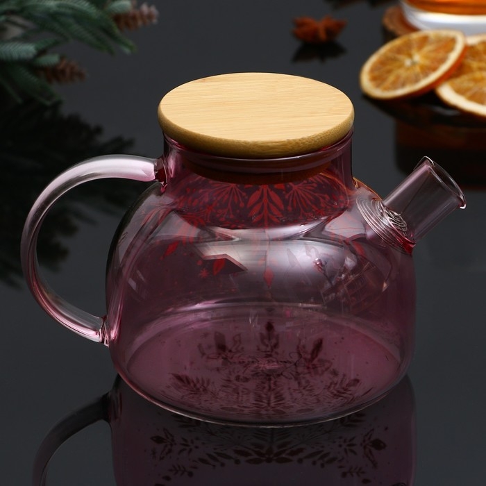 Новый год. Чайник заварочный стеклянный с бамбуковой крышкой &laquo;Розовая сказка&raquo;, 600 мл
