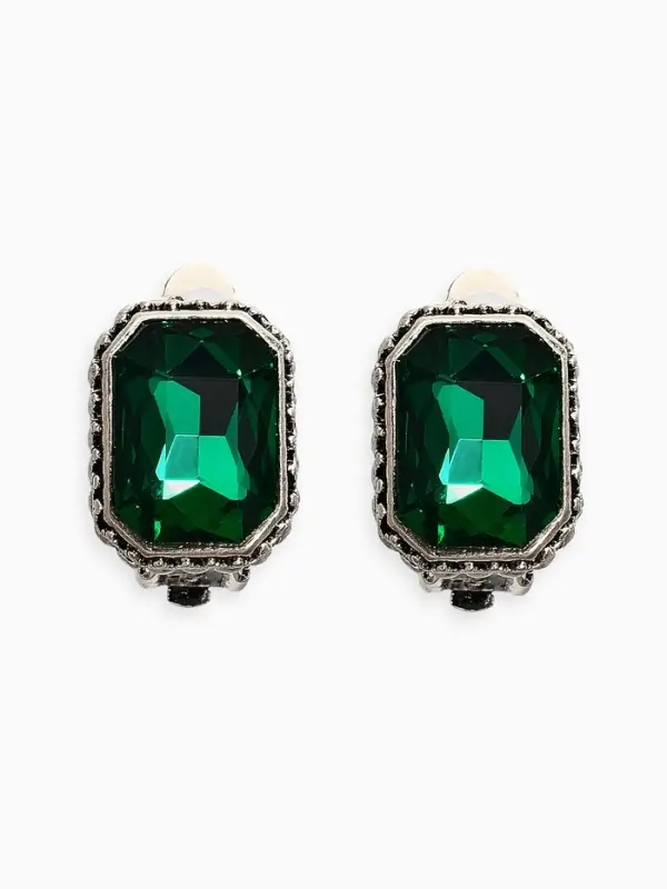 Клипсы "Винтаж" прямоугольник грань, цвет изумрудный в чернёном серебре